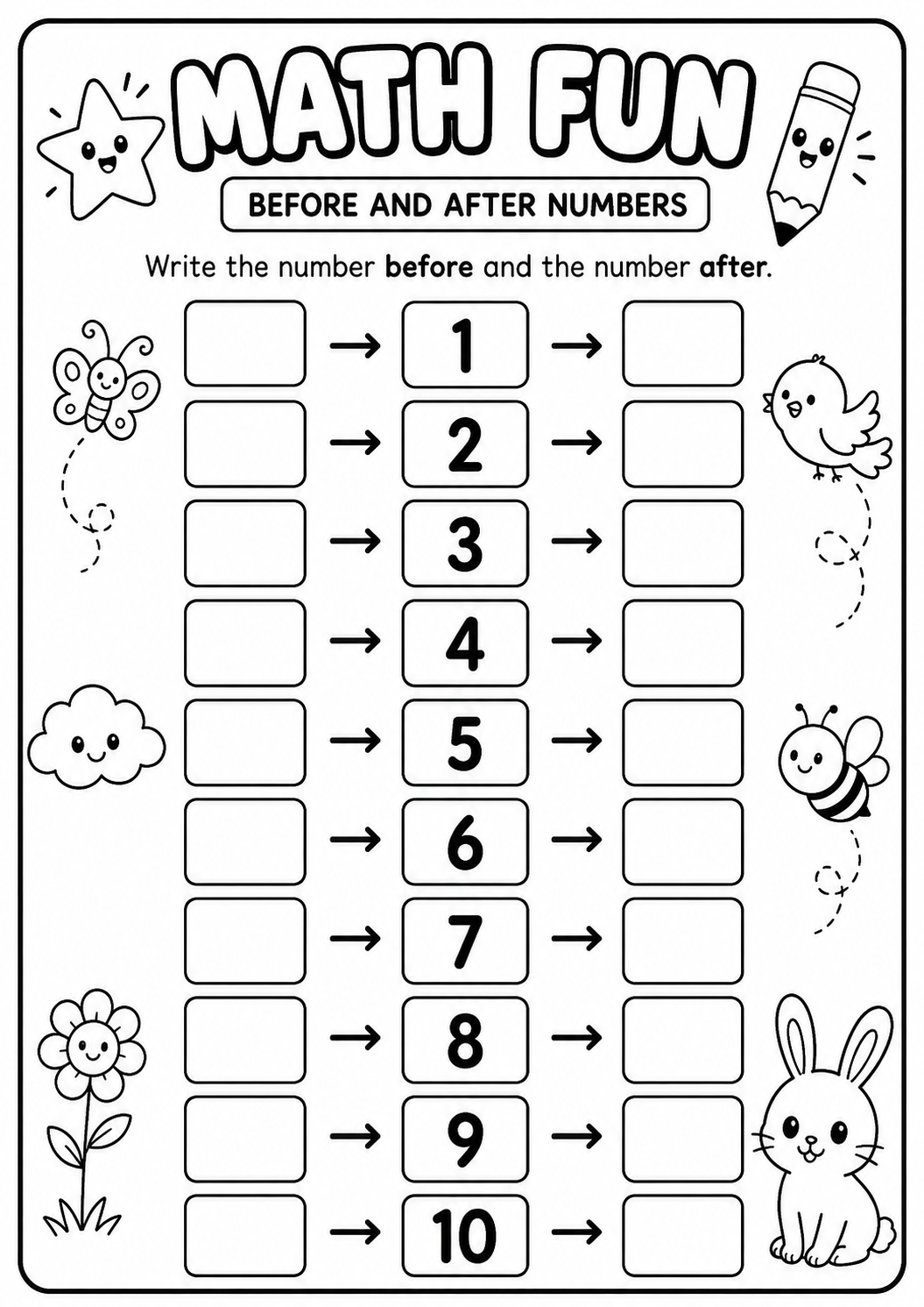 Printable Math Fun before-and-after number worksheet covering numerals one through ten for age 6