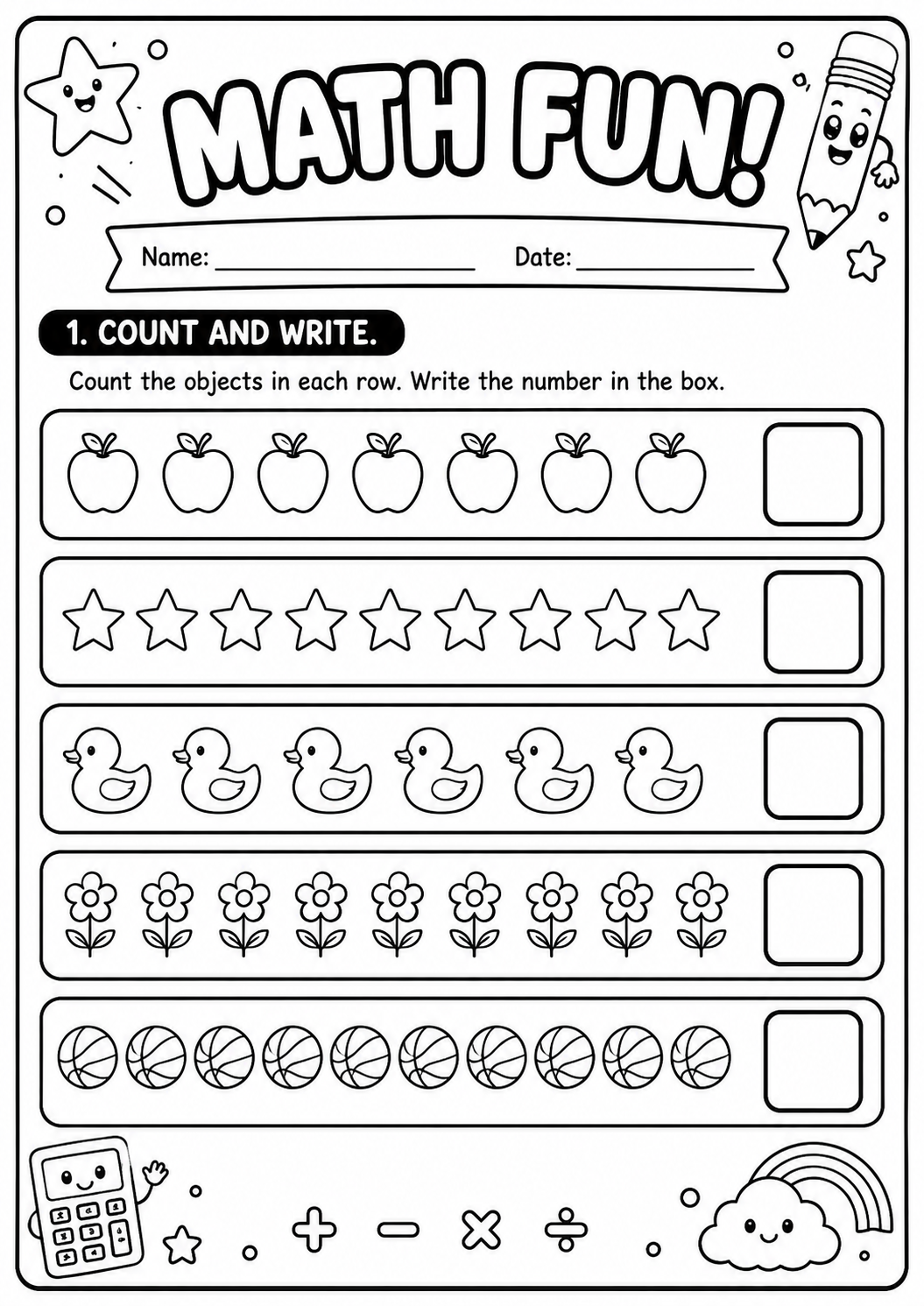 Printable Math Fun count-and-write worksheet with five picture groups up to ten for age 7