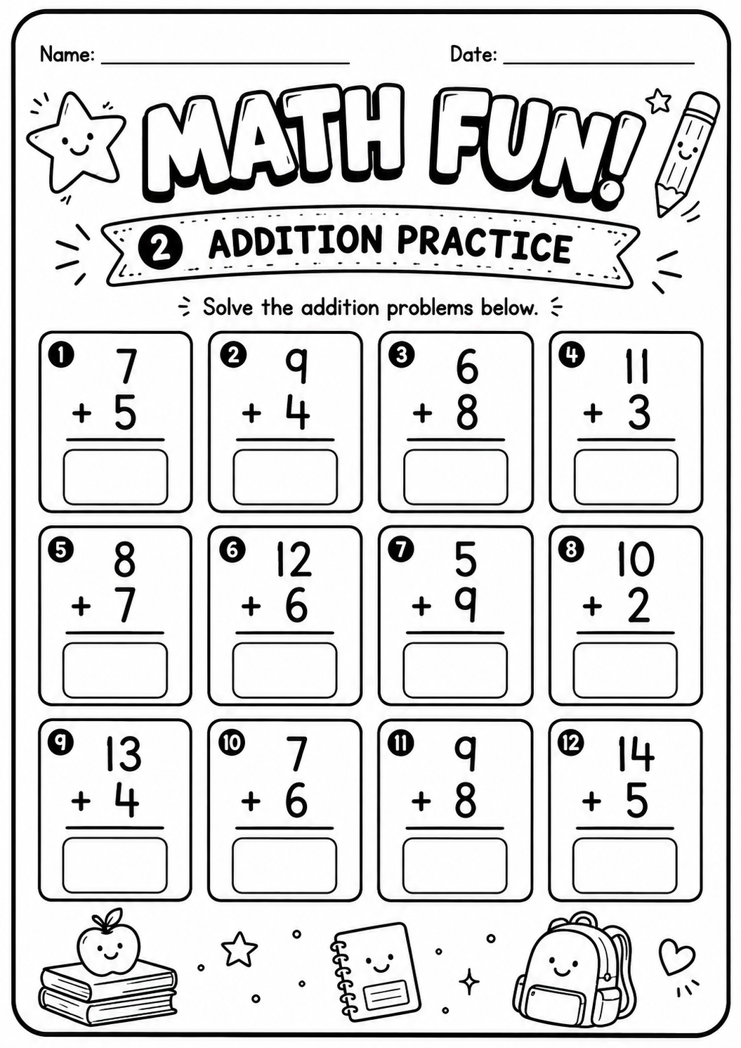 Printable Math Fun worksheet with twelve vertical addition problems and totals within twenty for age 7