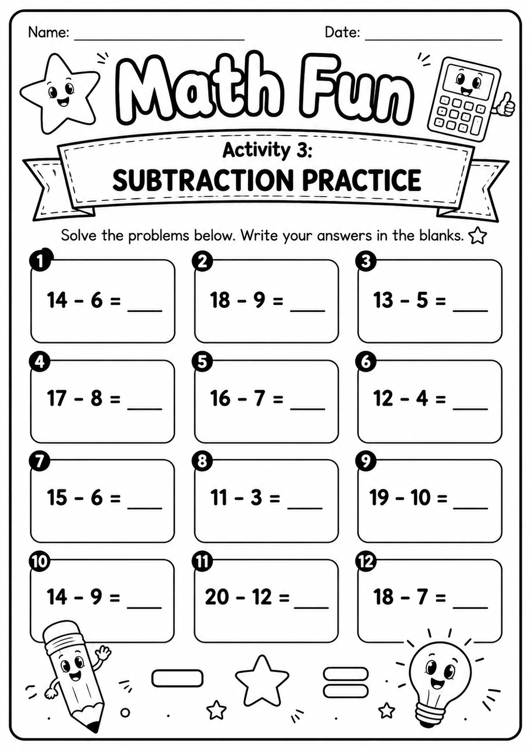Printable Math Fun worksheet with twelve subtraction problems using numbers up to twenty for age 7