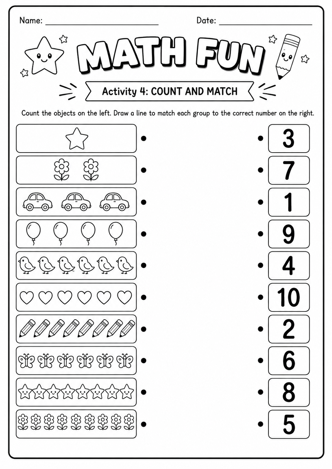 Printable Math Fun count-and-match worksheet with ten object groups and numerals one to ten for age 7