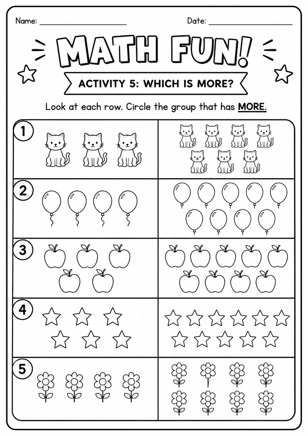 Printable Math Fun which-is-more worksheet comparing five picture-group pairs for age 7