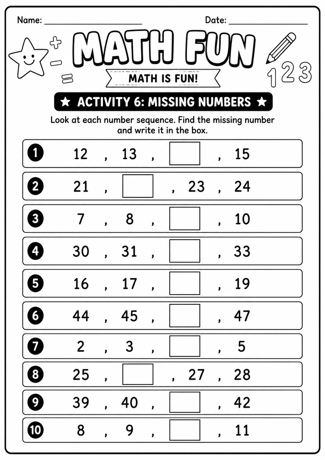 Printable Math Fun missing-numbers worksheet with ten counting sequences up to fifty for age 7