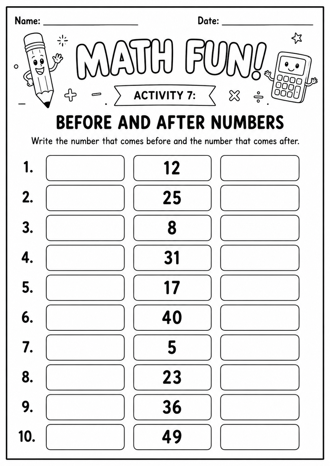 Printable Math Fun before-and-after numbers worksheet using values up to forty-nine for age 7