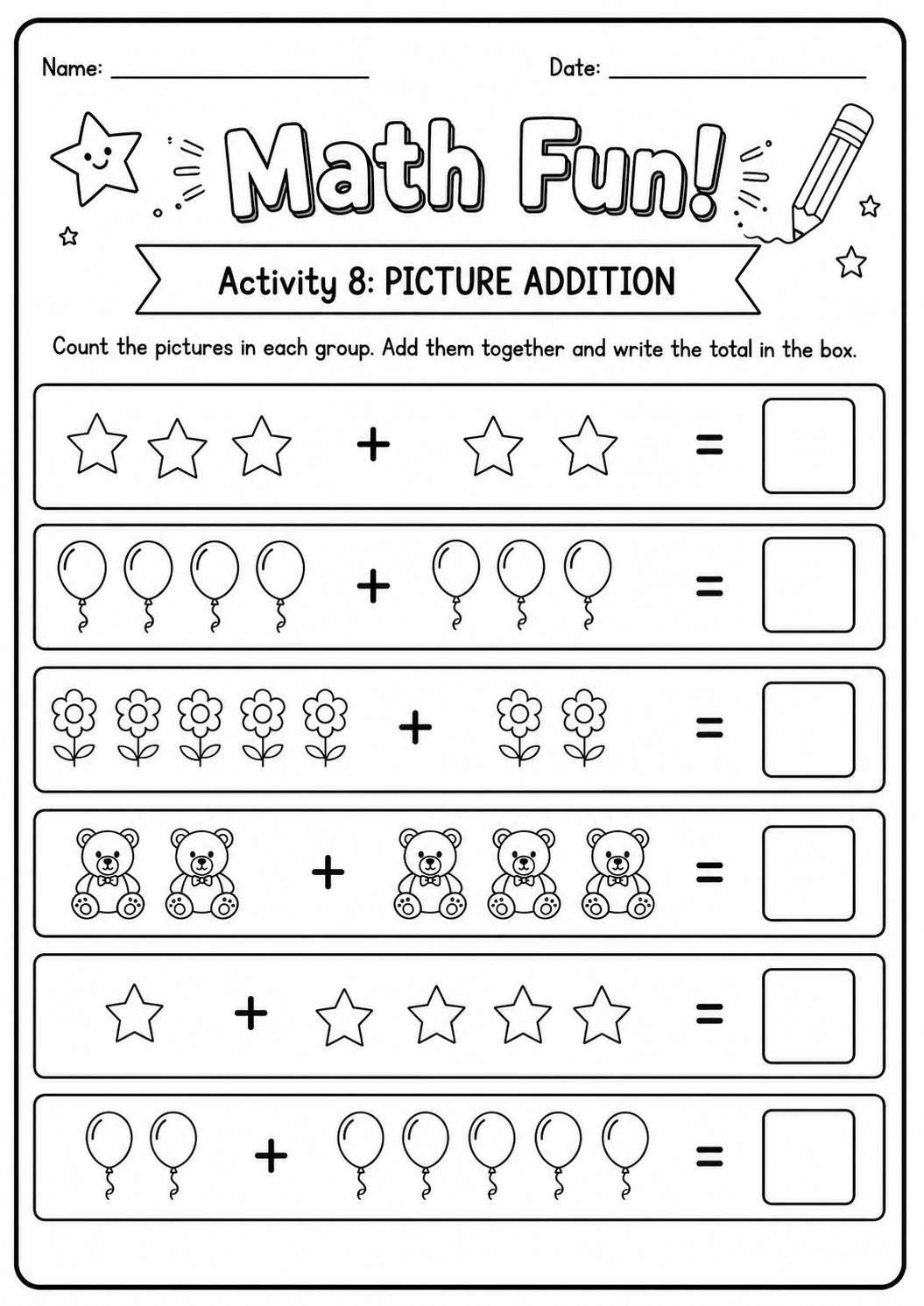 Printable Math Fun picture-addition worksheet with six visual sums within ten for age 7