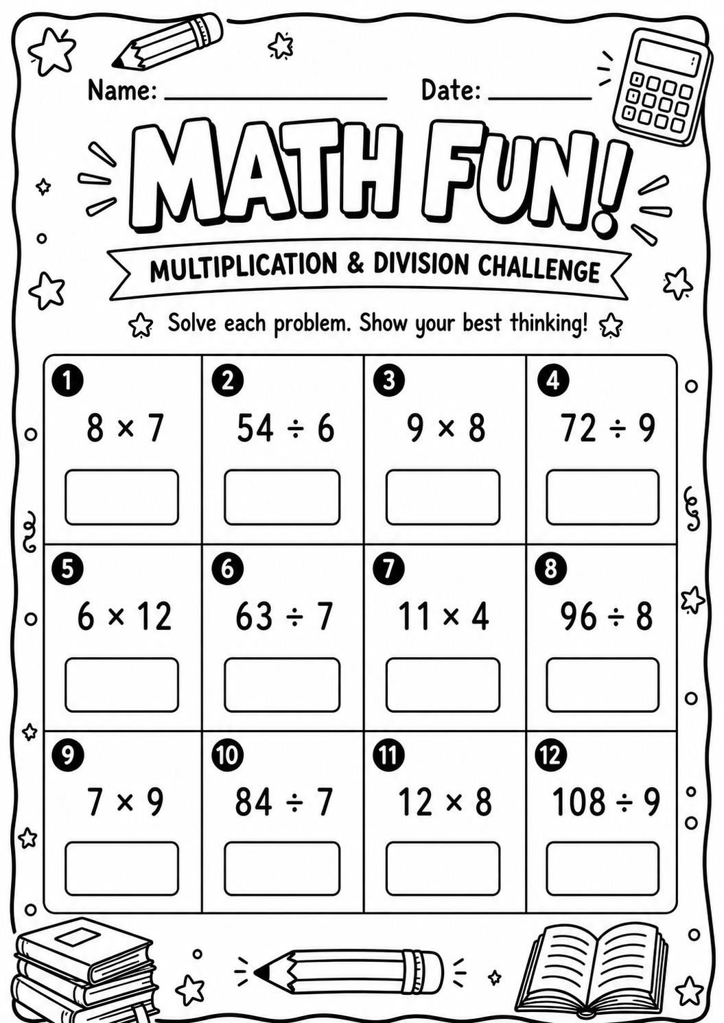 Printable multiplication and division Math Fun worksheet with twelve fact questions for ages 9 and 10