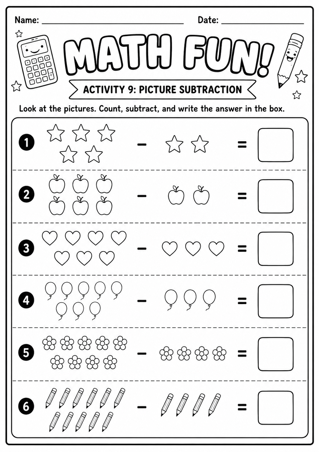 Printable Math Fun picture-subtraction worksheet with six visual problems within ten for age 7