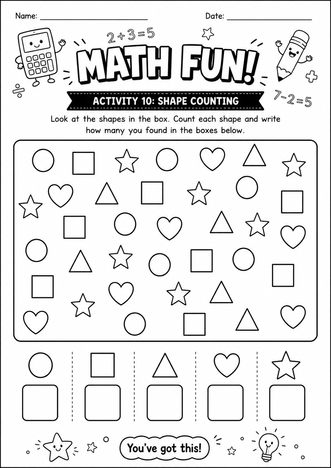 Printable Math Fun shape-counting challenge with five shape types and answer boxes for age 7