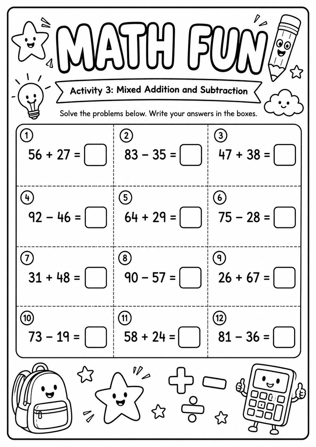 Printable Math Fun worksheet with twelve two-digit mixed addition and subtraction problems for age 8