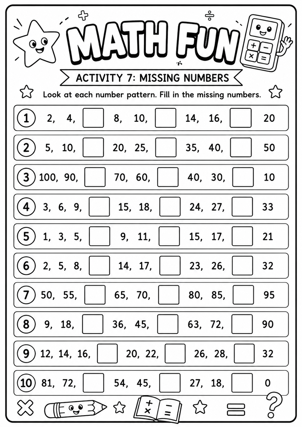 Printable Math Fun missing-numbers worksheet with ten skip-counting patterns up to one hundred for age 8