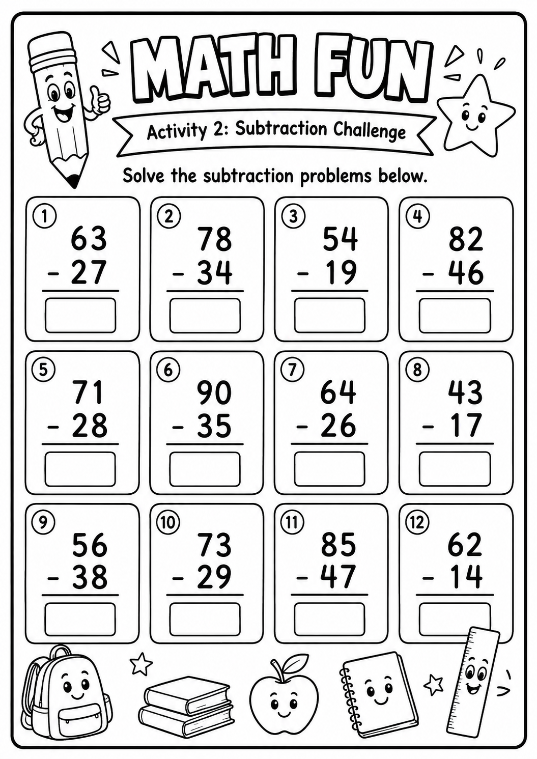 Printable Math Fun worksheet with twelve two-digit subtraction problems requiring borrowing for age 8