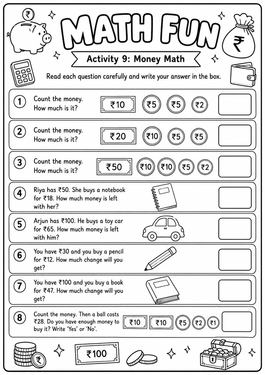 Printable Math Fun Indian money worksheet with rupee counting, spending and change questions for age 8
