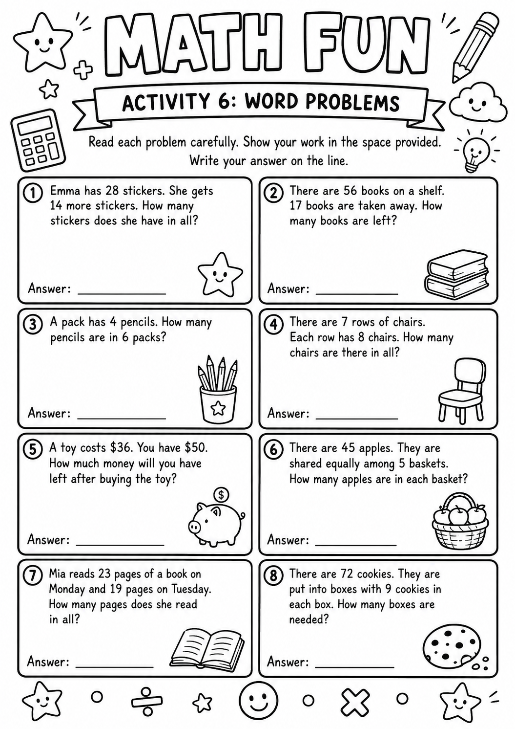 Printable Math Fun worksheet with eight addition, subtraction, multiplication and division word problems for age 8