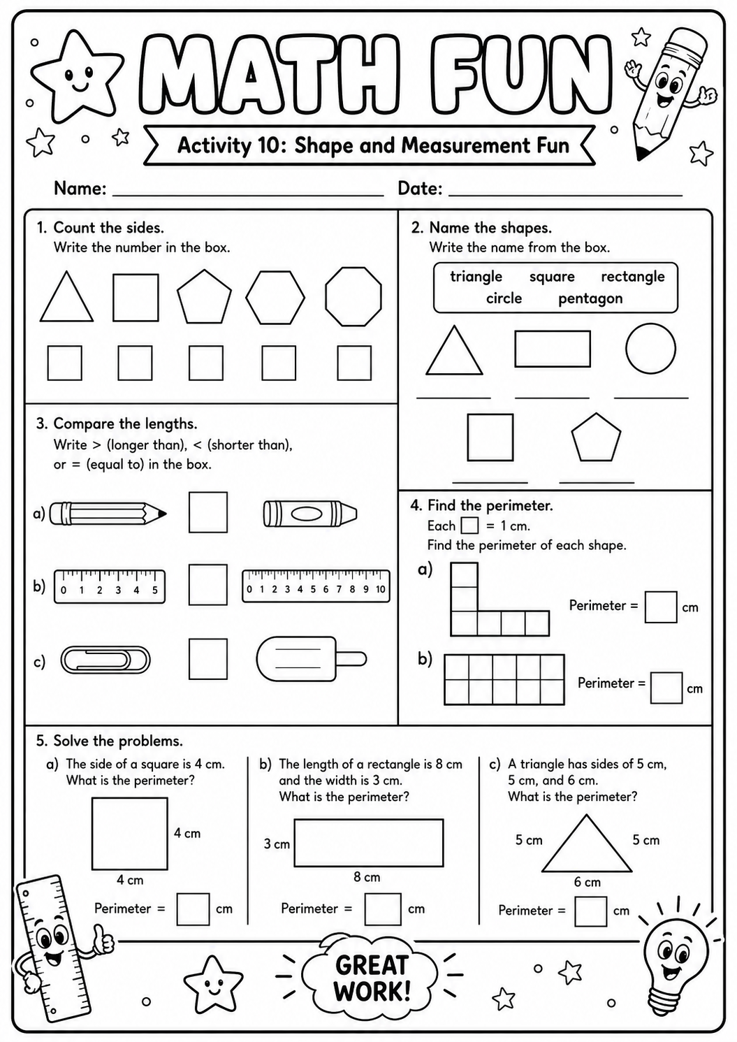 Printable Math Fun geometry worksheet covering shape names, sides, length comparison and perimeter for age 8