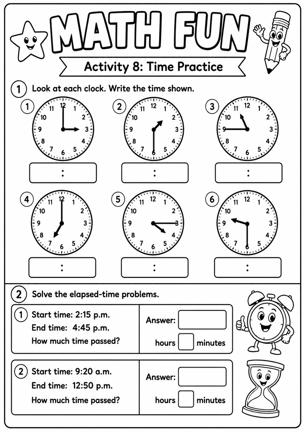 Printable Math Fun time worksheet with six analogue clocks and two elapsed-time problems for age 8