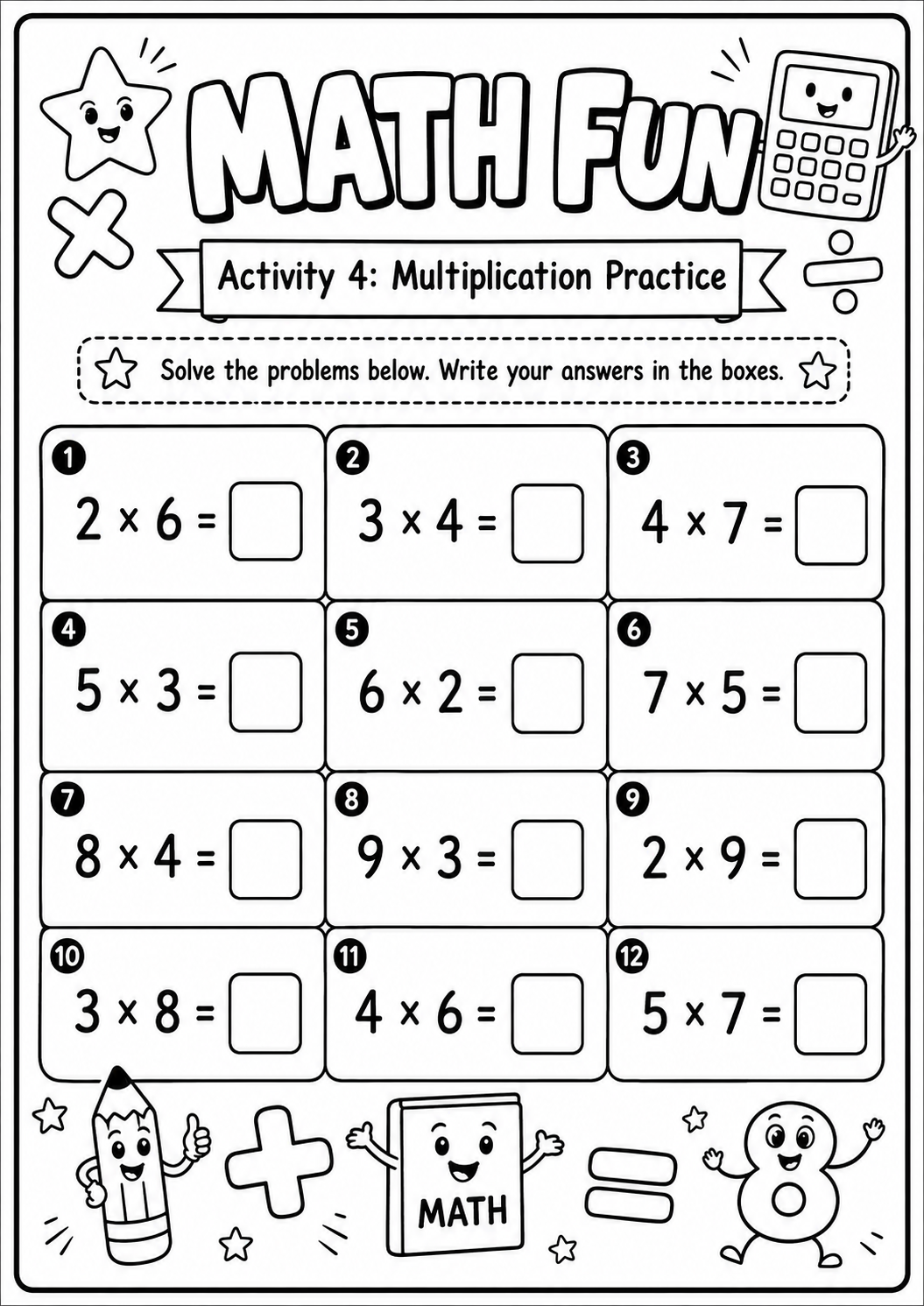 Printable Math Fun worksheet with twelve multiplication facts using times tables two through nine for age 8