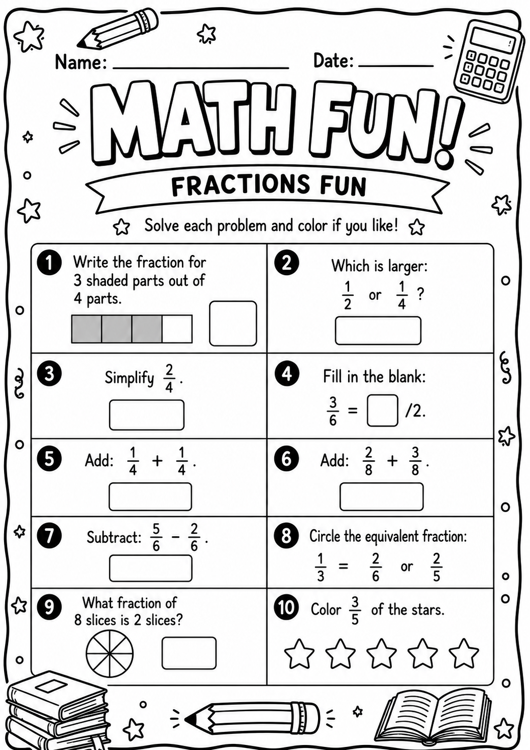 Printable fractions Math Fun worksheet with comparison, equivalent fractions, addition, subtraction and visual models for ages 9 and 10