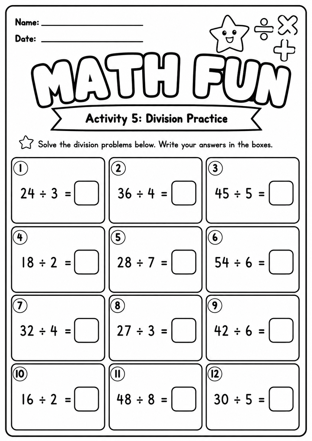Printable Math Fun worksheet with twelve exact division facts and answer boxes for age 8