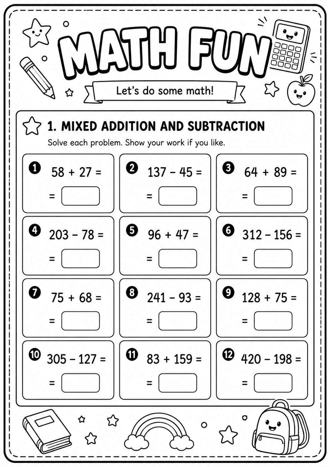 Printable Math Fun worksheet with twelve mixed two-digit and three-digit addition and subtraction problems for age 9