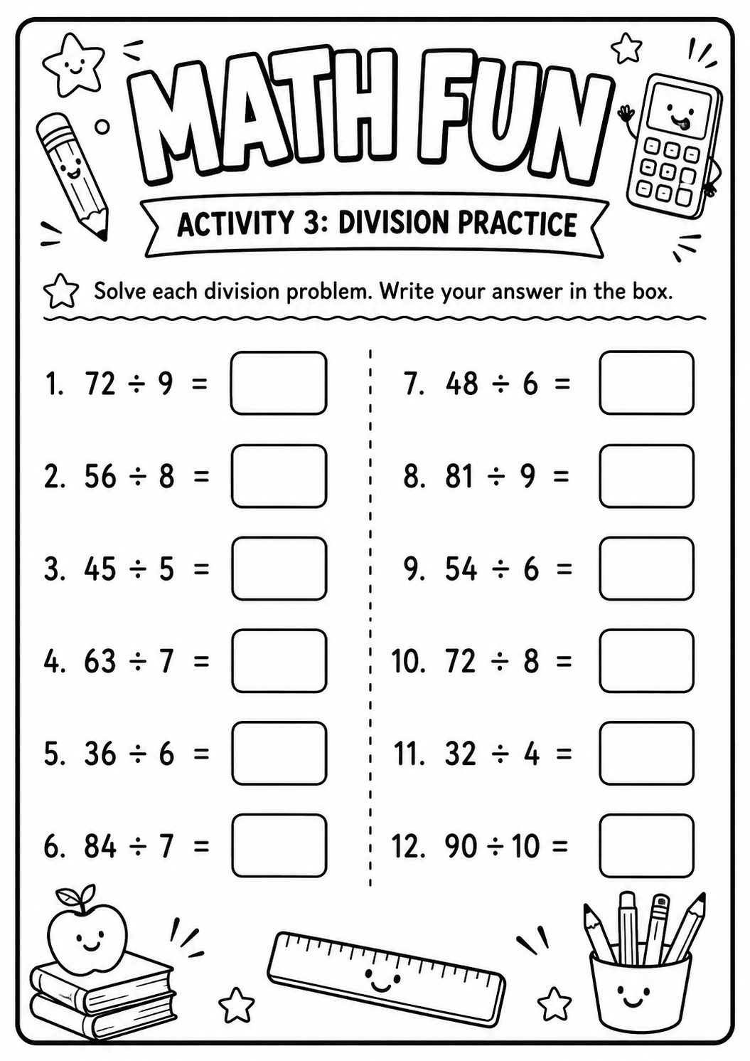 Printable Math Fun worksheet with twelve exact division problems using divisors up to ten for age 9