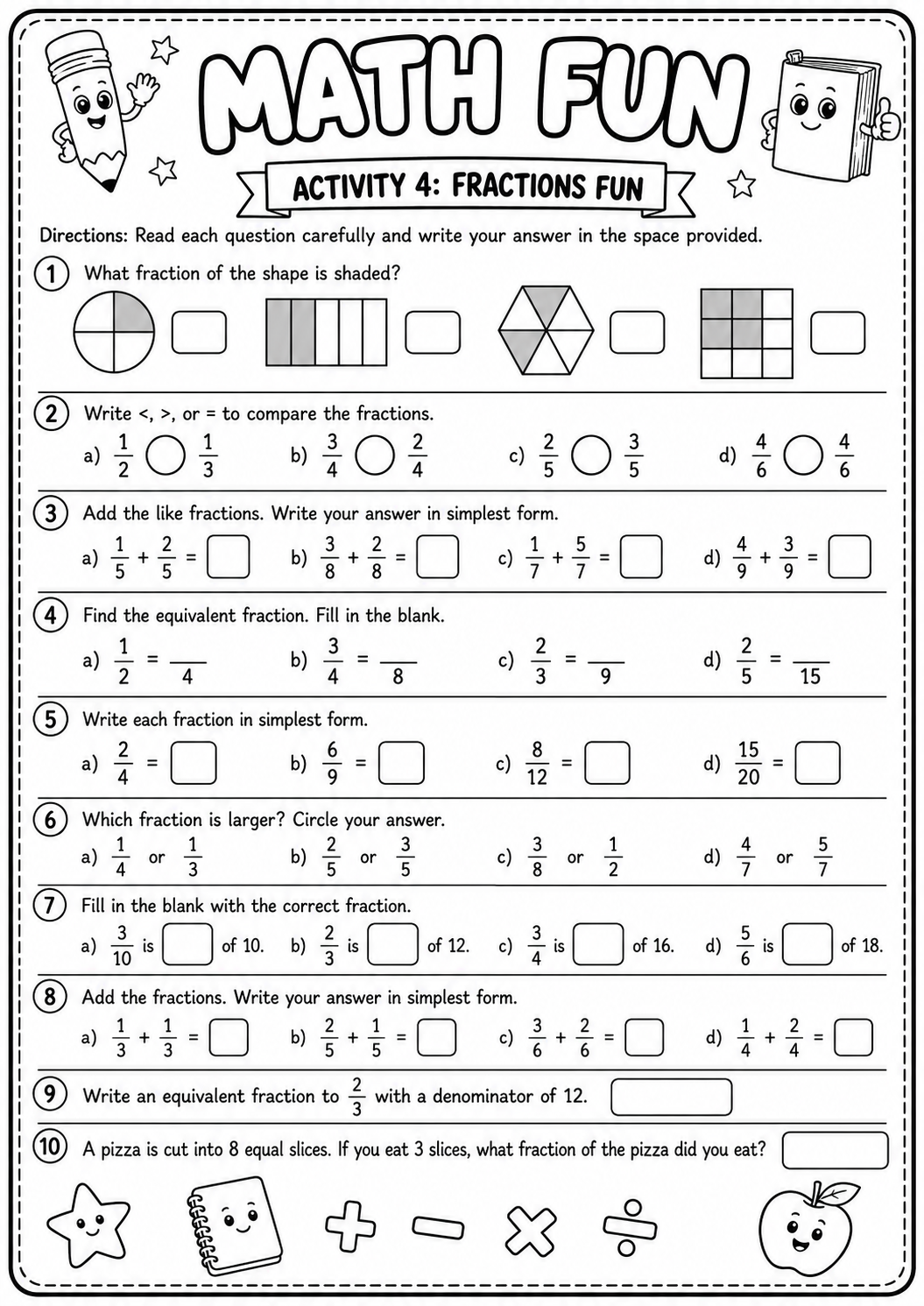 Printable Math Fun fractions worksheet covering models, comparison, addition, equivalence and simplest form for age 9