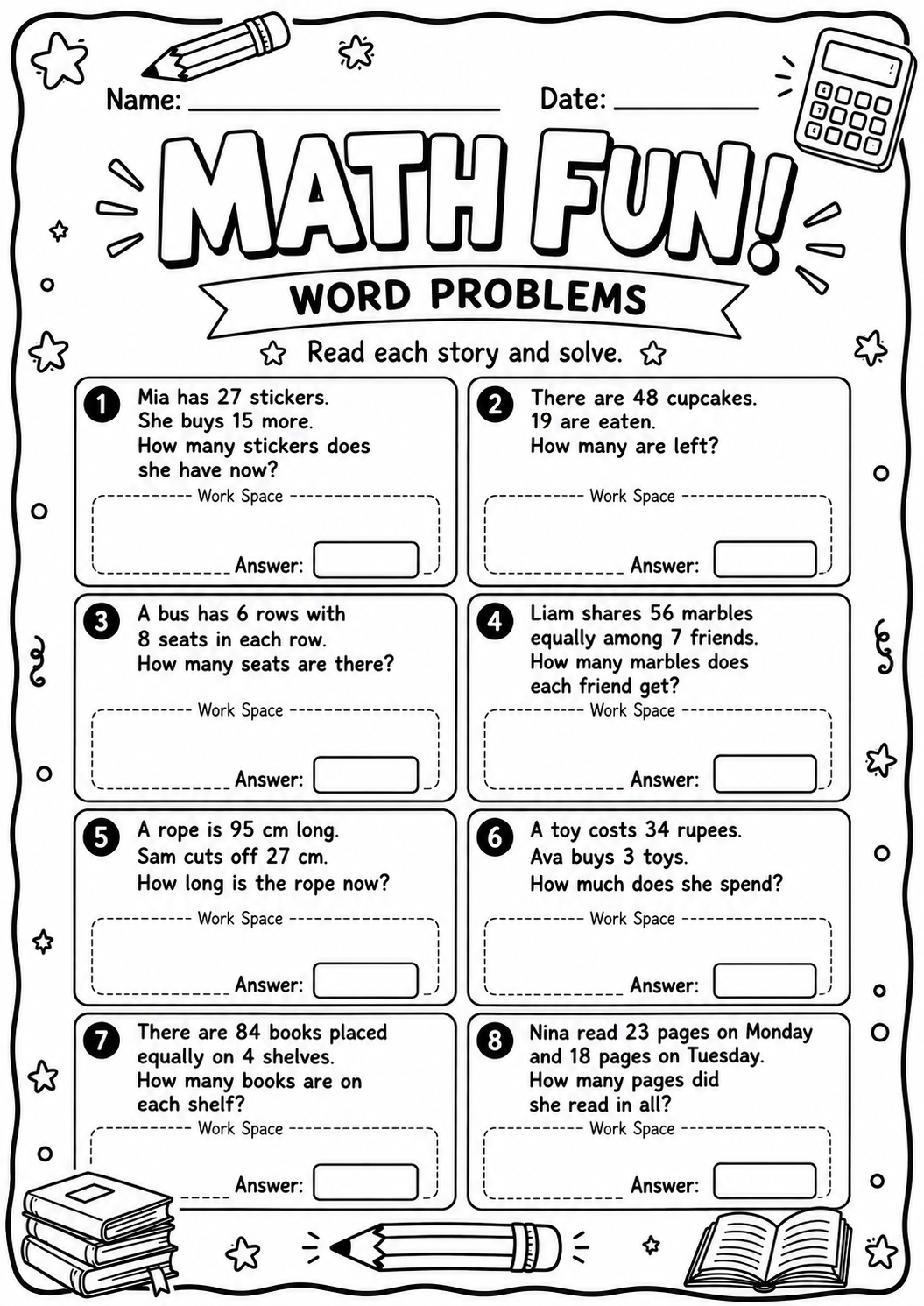 Printable Math Fun worksheet with eight four-operation word problems and workspace for age 9