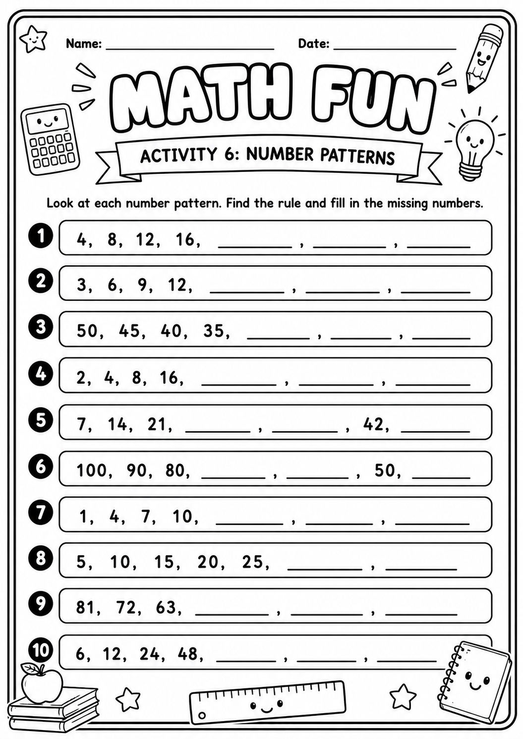 Printable Math Fun number-pattern worksheet with ten increasing, decreasing and doubling sequences for age 9