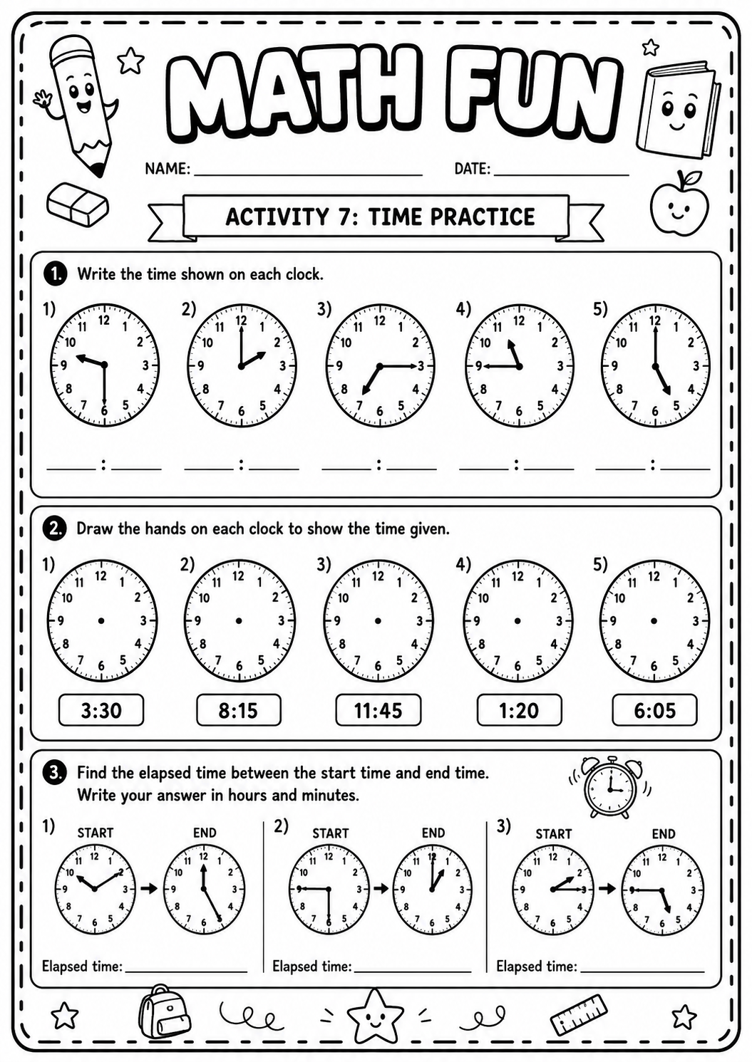 Printable Math Fun time worksheet with clock reading, drawing hands and elapsed-time questions for age 9