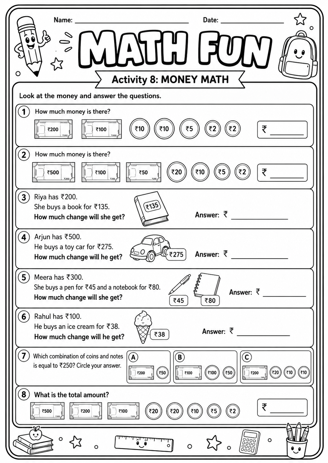Printable Math Fun Indian money worksheet with rupee totals, purchases, combinations and change for age 9
