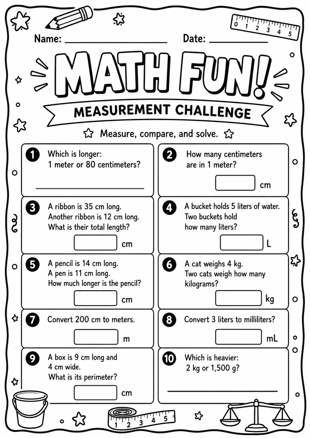 Printable Math Fun metric measurement worksheet with unit conversions, comparisons and perimeter for age 9