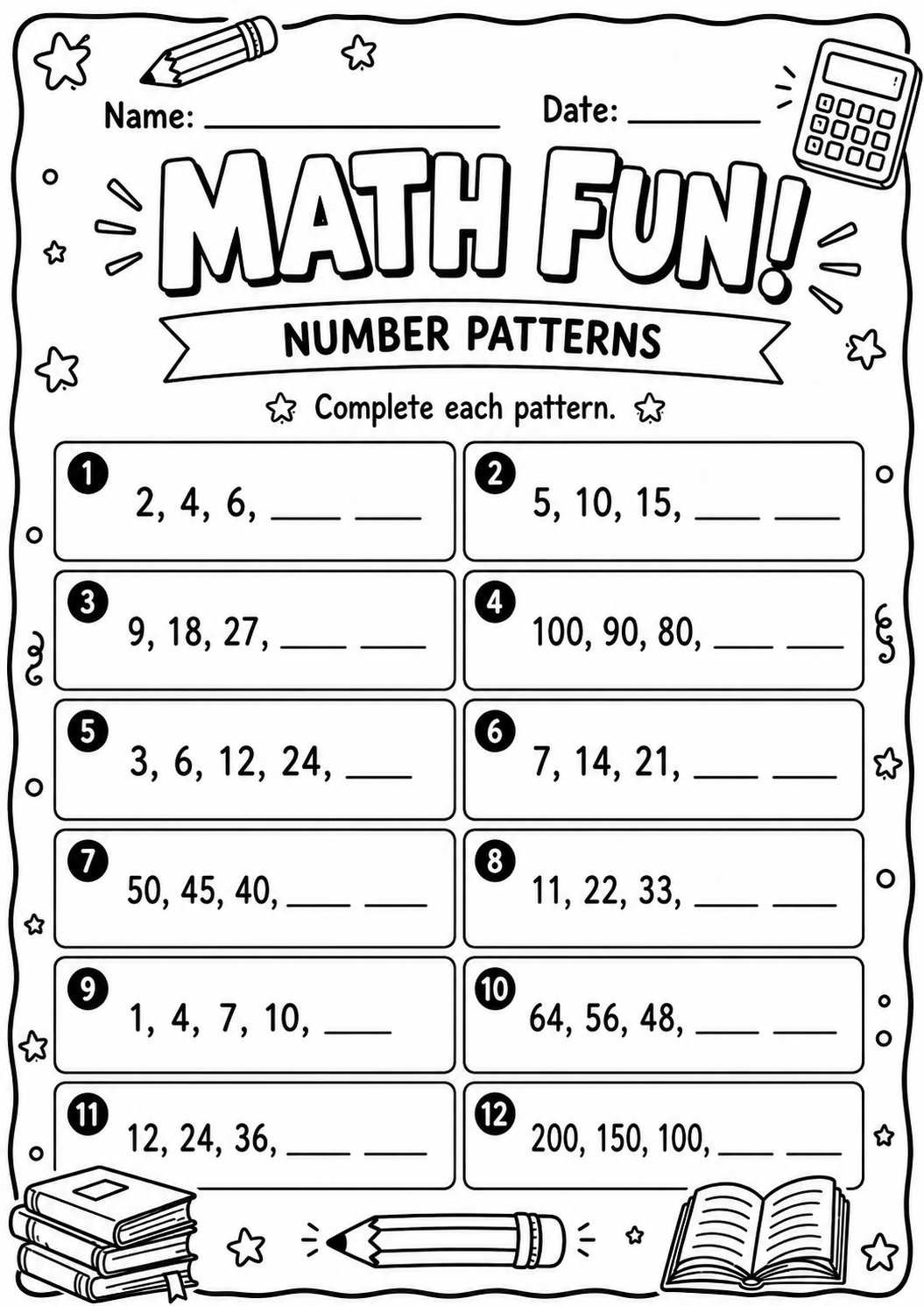 Printable number-patterns Math Fun worksheet with twelve increasing and decreasing sequences for ages 9 and 10