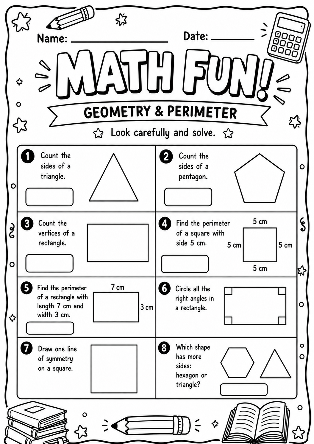 Printable geometry and perimeter Math Fun worksheet covering shapes, vertices, right angles and symmetry for ages 9 and 10