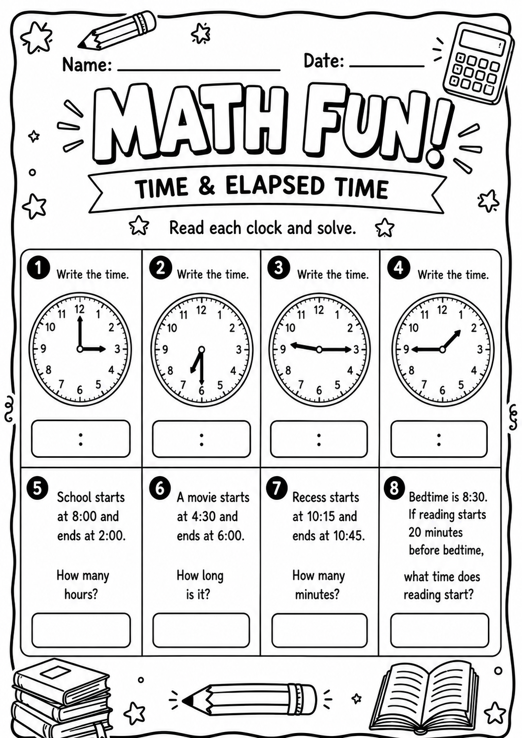 Printable time and elapsed-time Math Fun worksheet with analogue clocks and schedule problems for ages 9 and 10