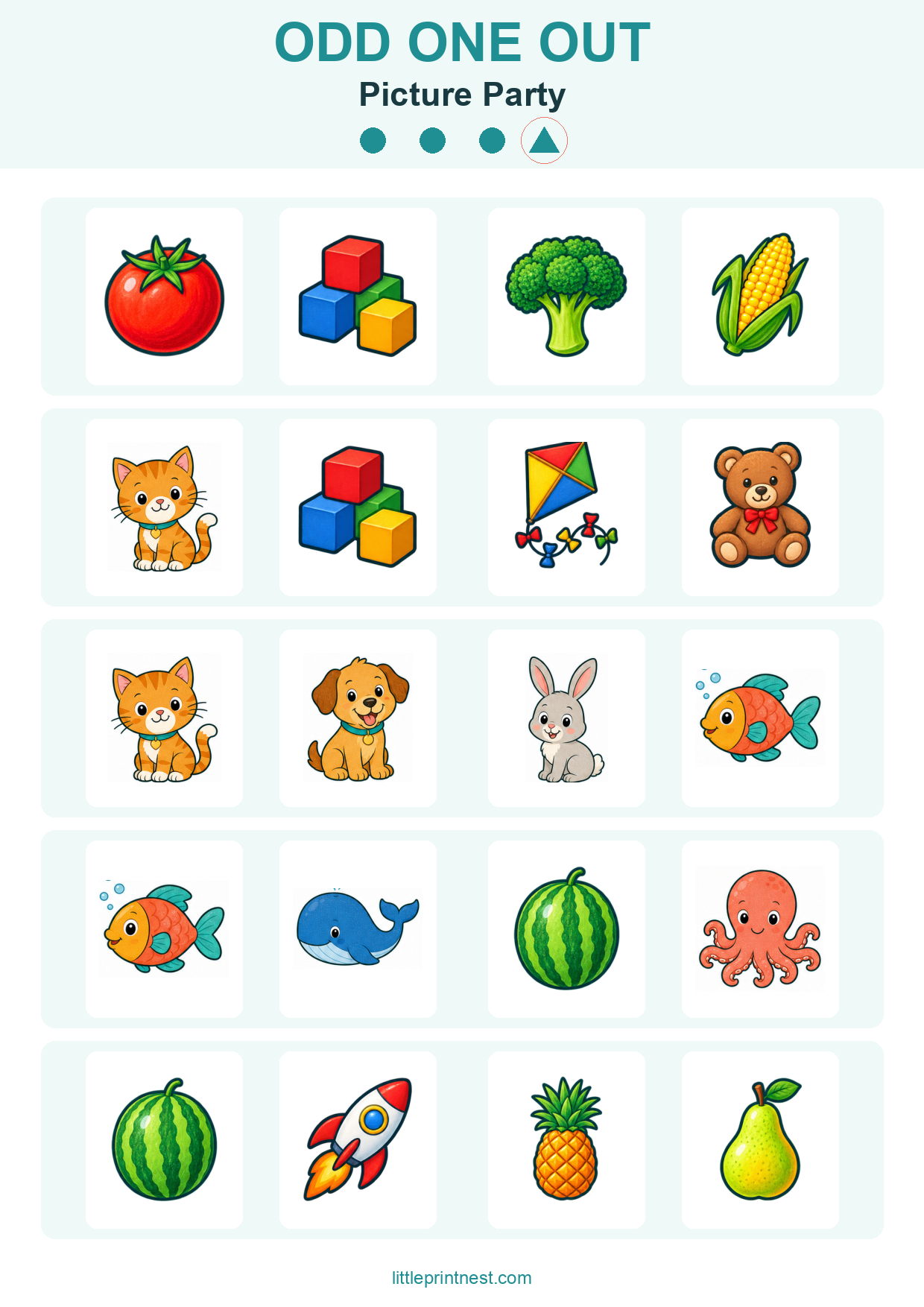 Colorful word-free Picture Party odd one out picture worksheet