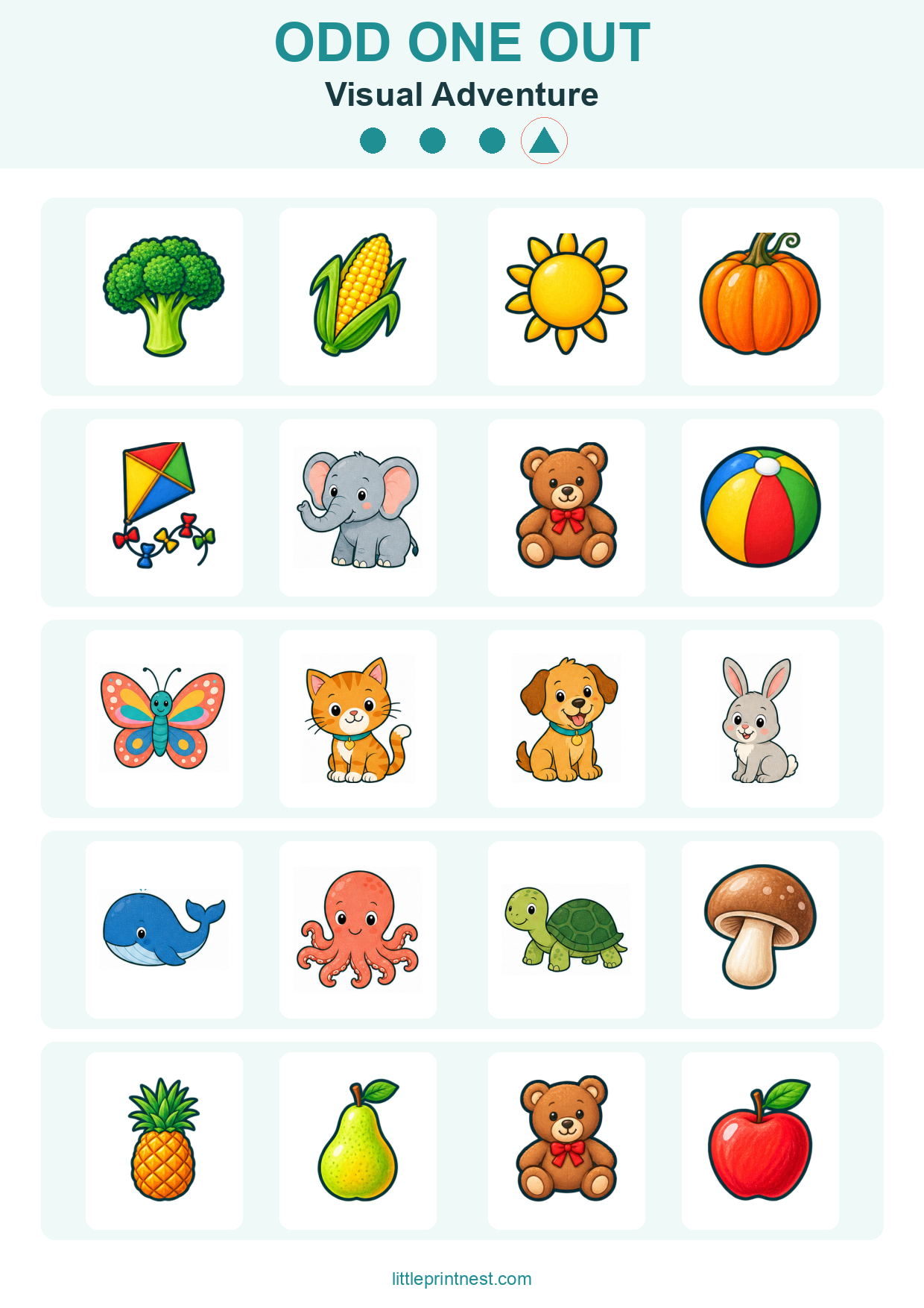 Colorful word-free Visual Adventure odd one out picture worksheet