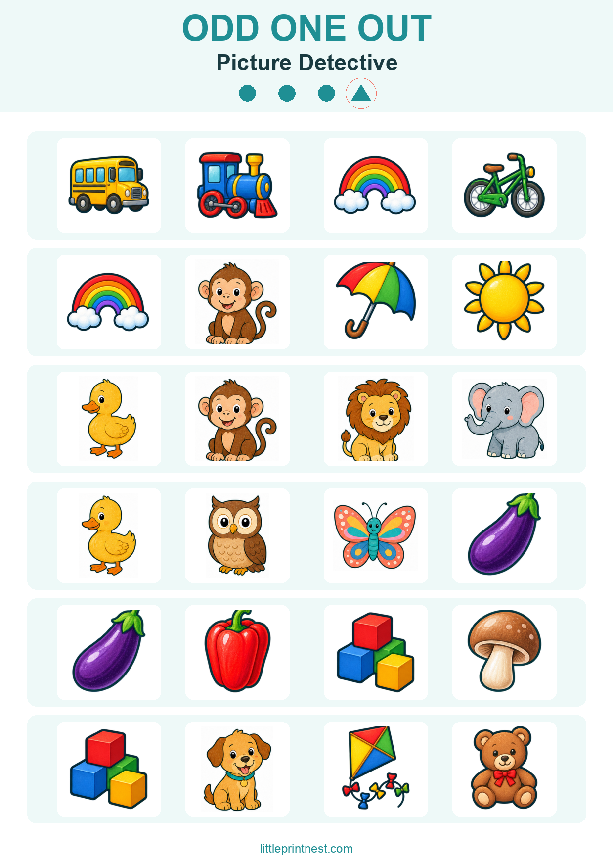 Colorful word-free Picture Detective odd one out picture worksheet