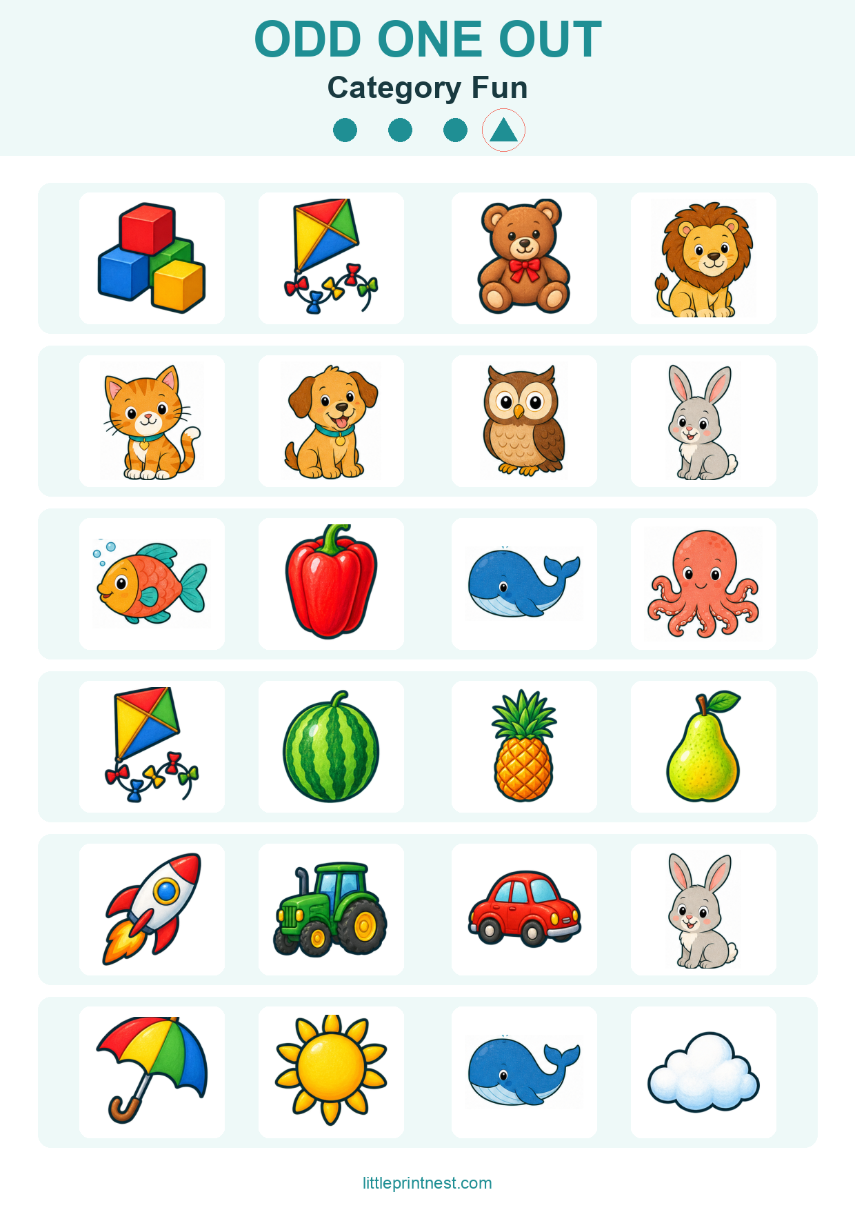Colorful word-free Category Fun odd one out picture worksheet