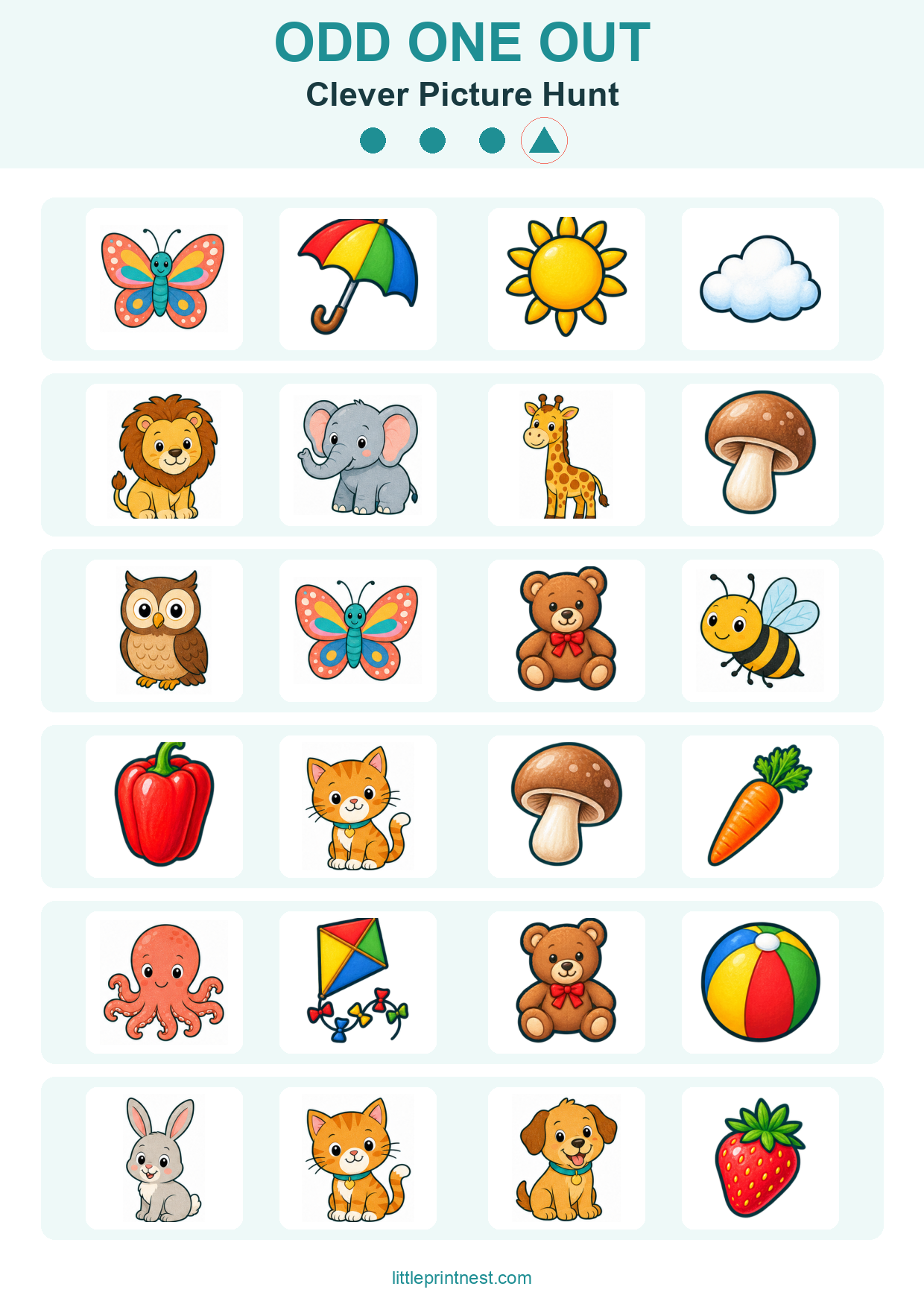 Colorful word-free Clever Picture Hunt odd one out picture worksheet