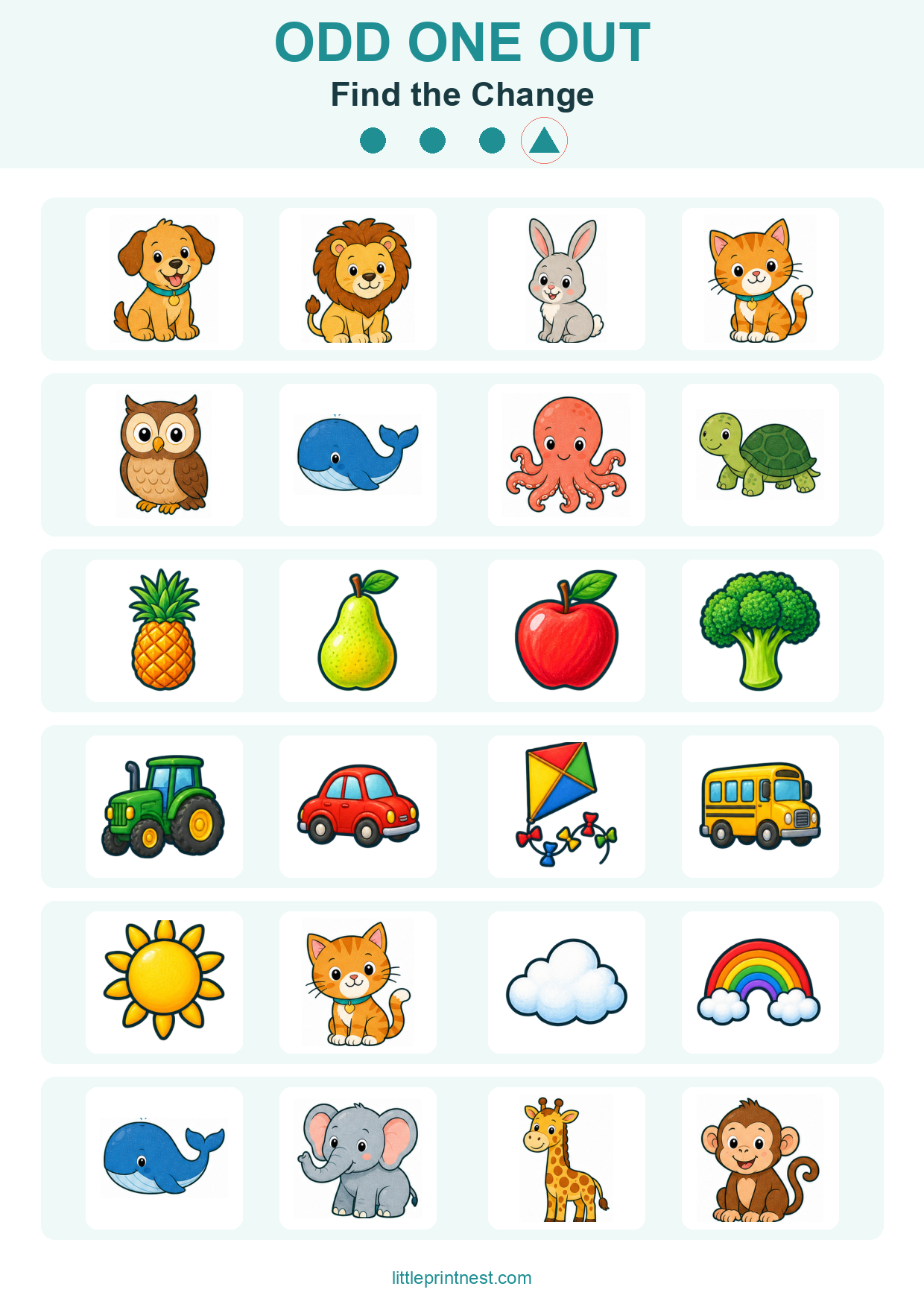 Colorful word-free Find the Change odd one out picture worksheet