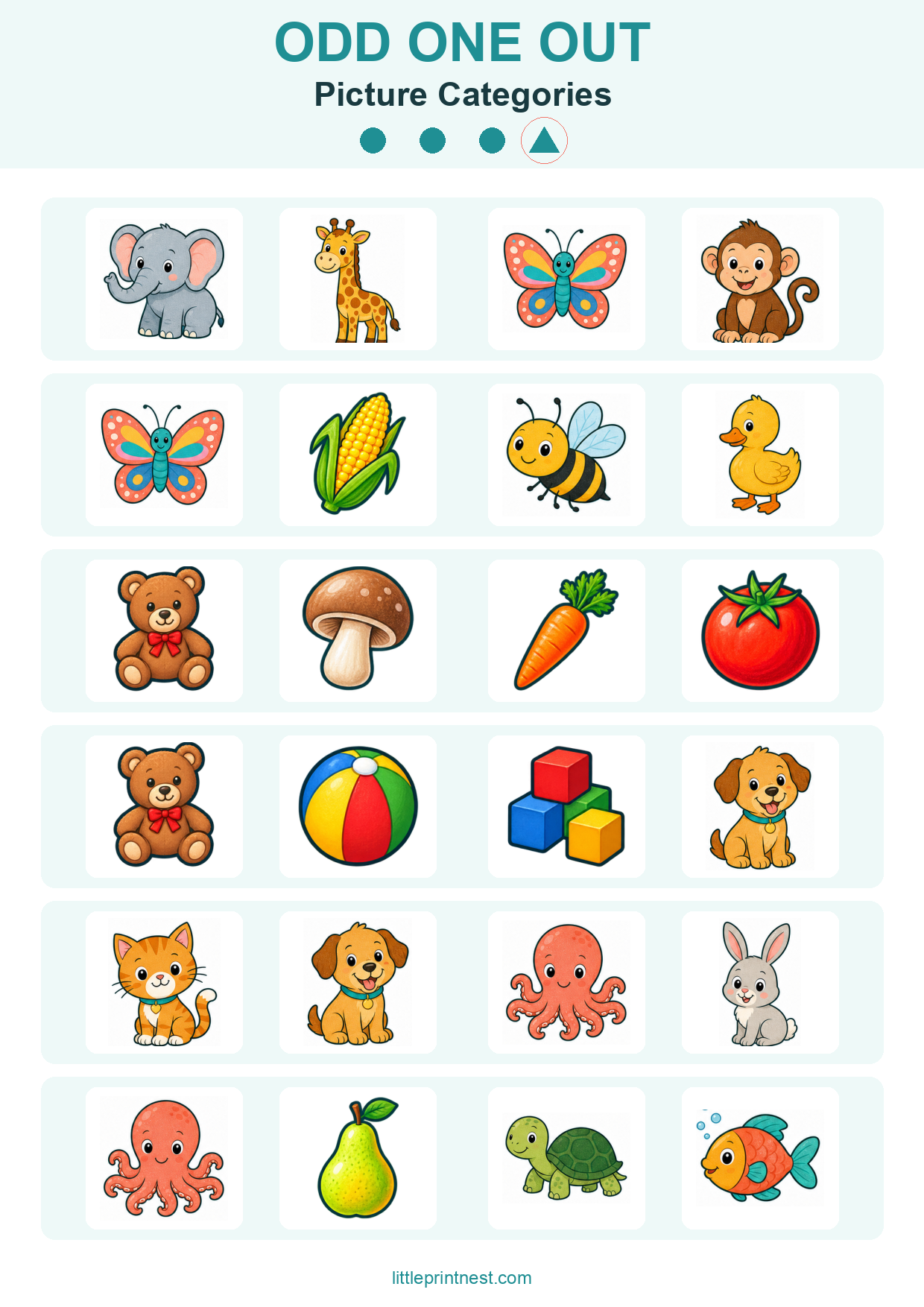 Colorful word-free Picture Categories odd one out picture worksheet