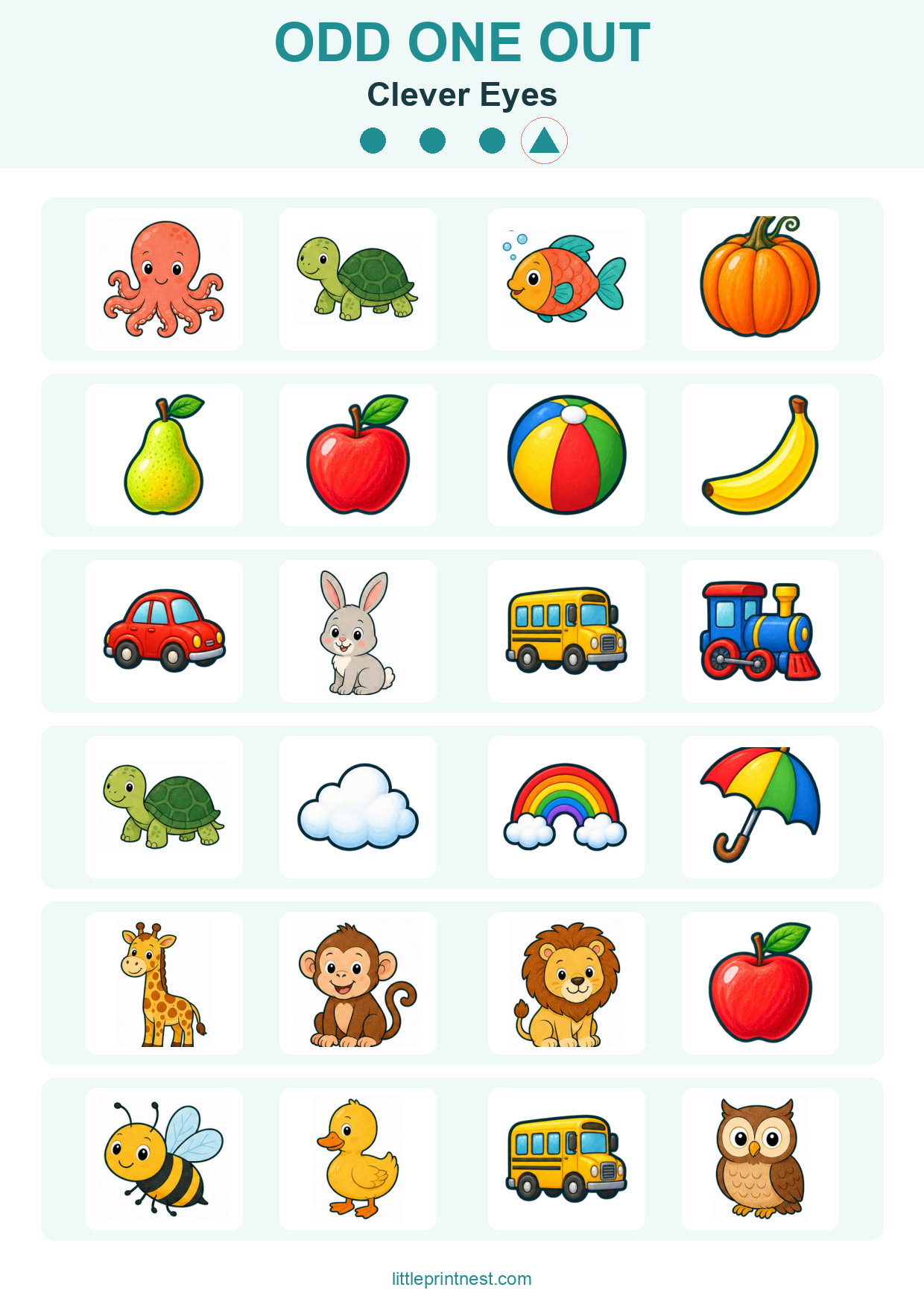 Colorful word-free Clever Eyes odd one out picture worksheet
