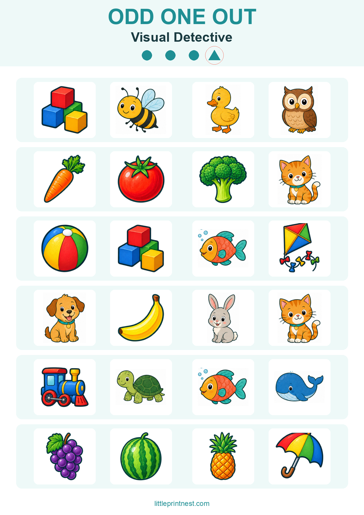 Colorful word-free Visual Detective odd one out picture worksheet