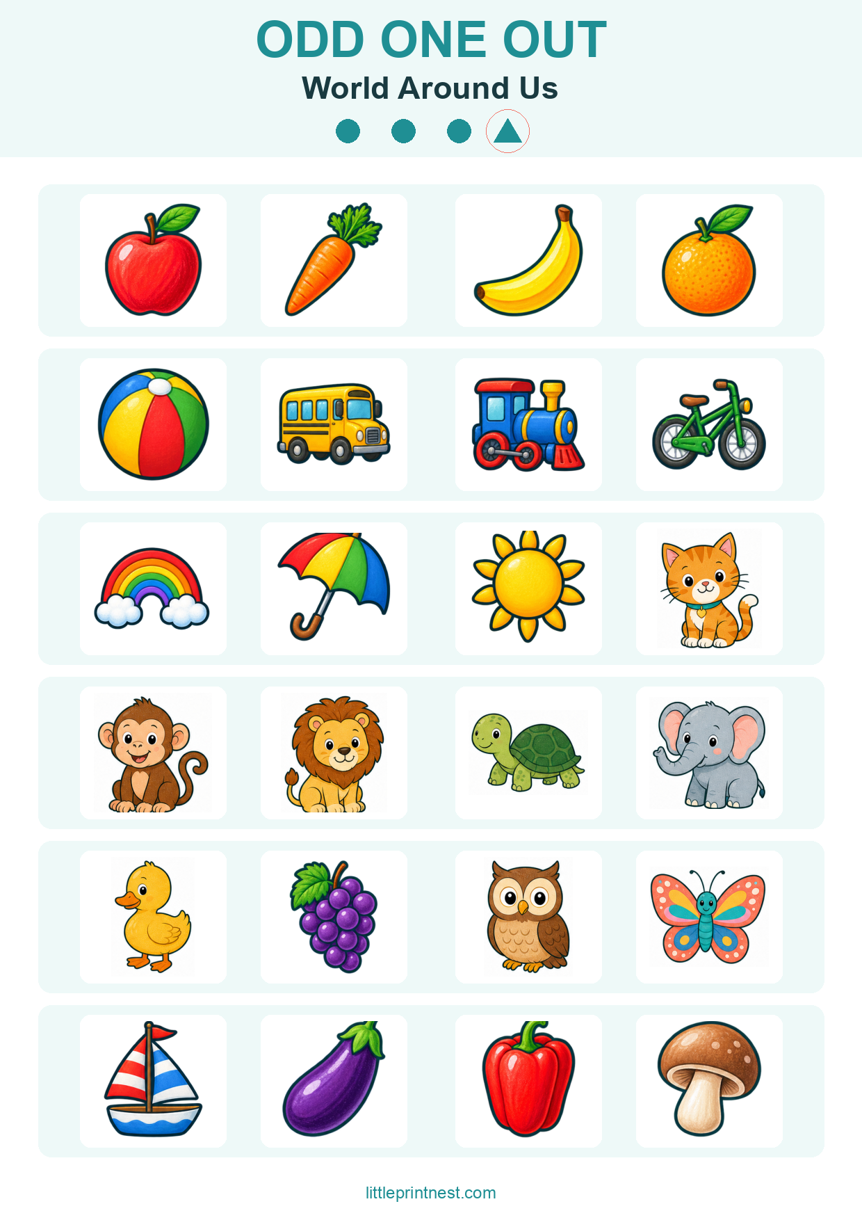 Colorful word-free World Around Us odd one out picture worksheet