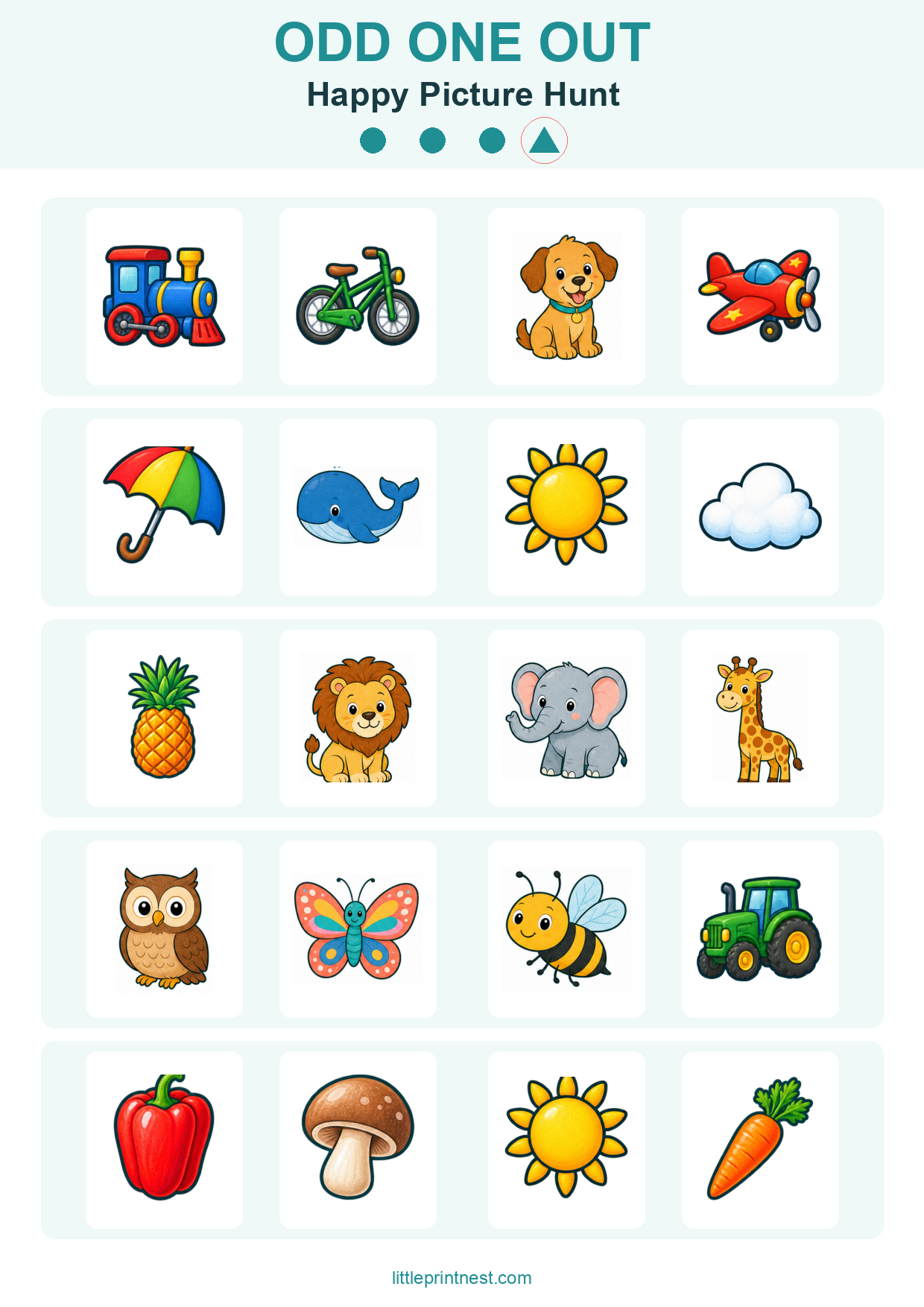 Colorful word-free Happy Picture Hunt odd one out picture worksheet