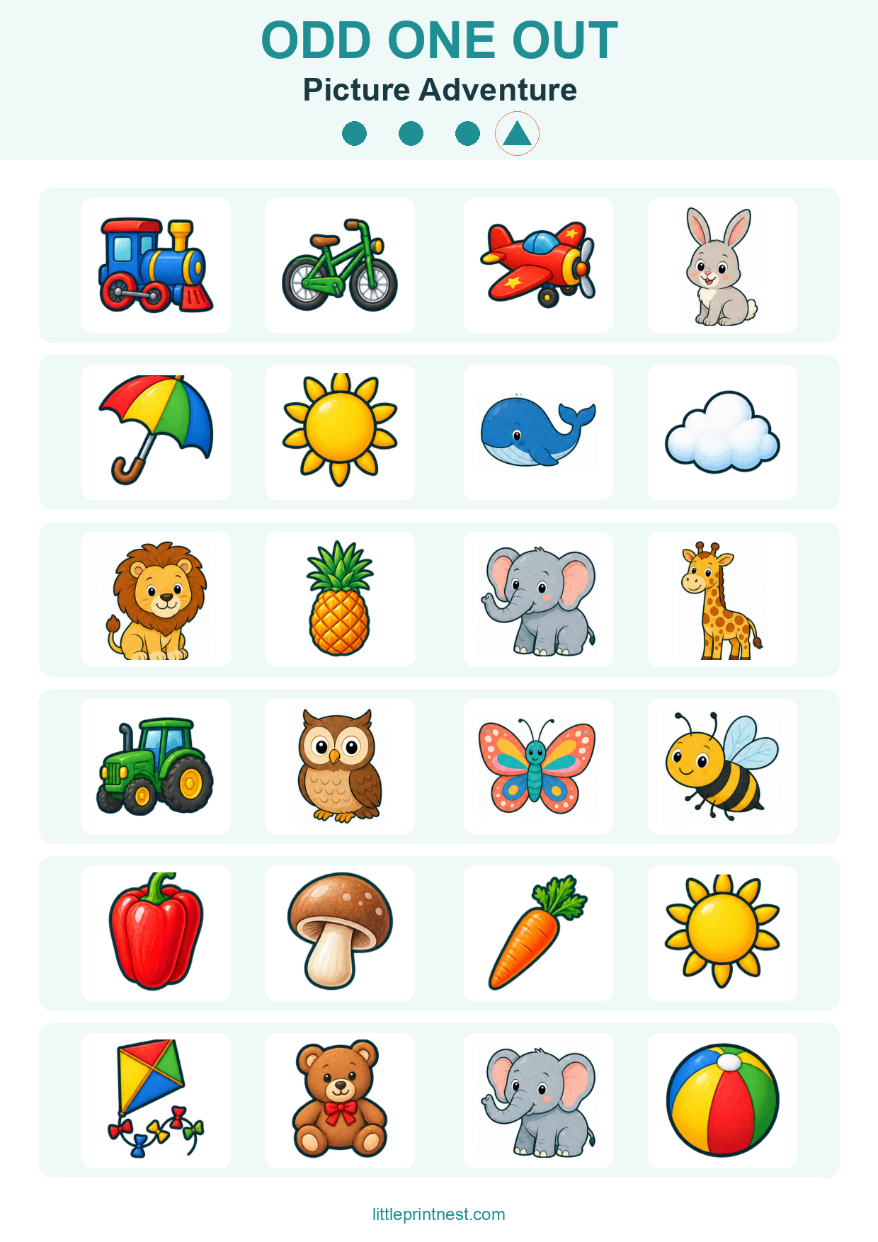 Colorful word-free Picture Adventure odd one out picture worksheet