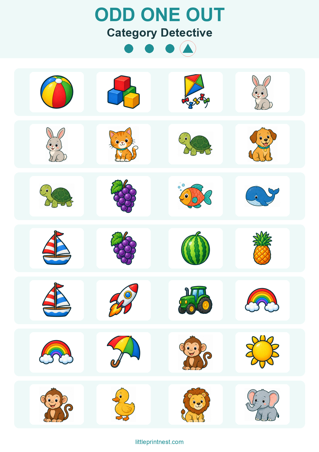 Colorful word-free Category Detective odd one out picture worksheet