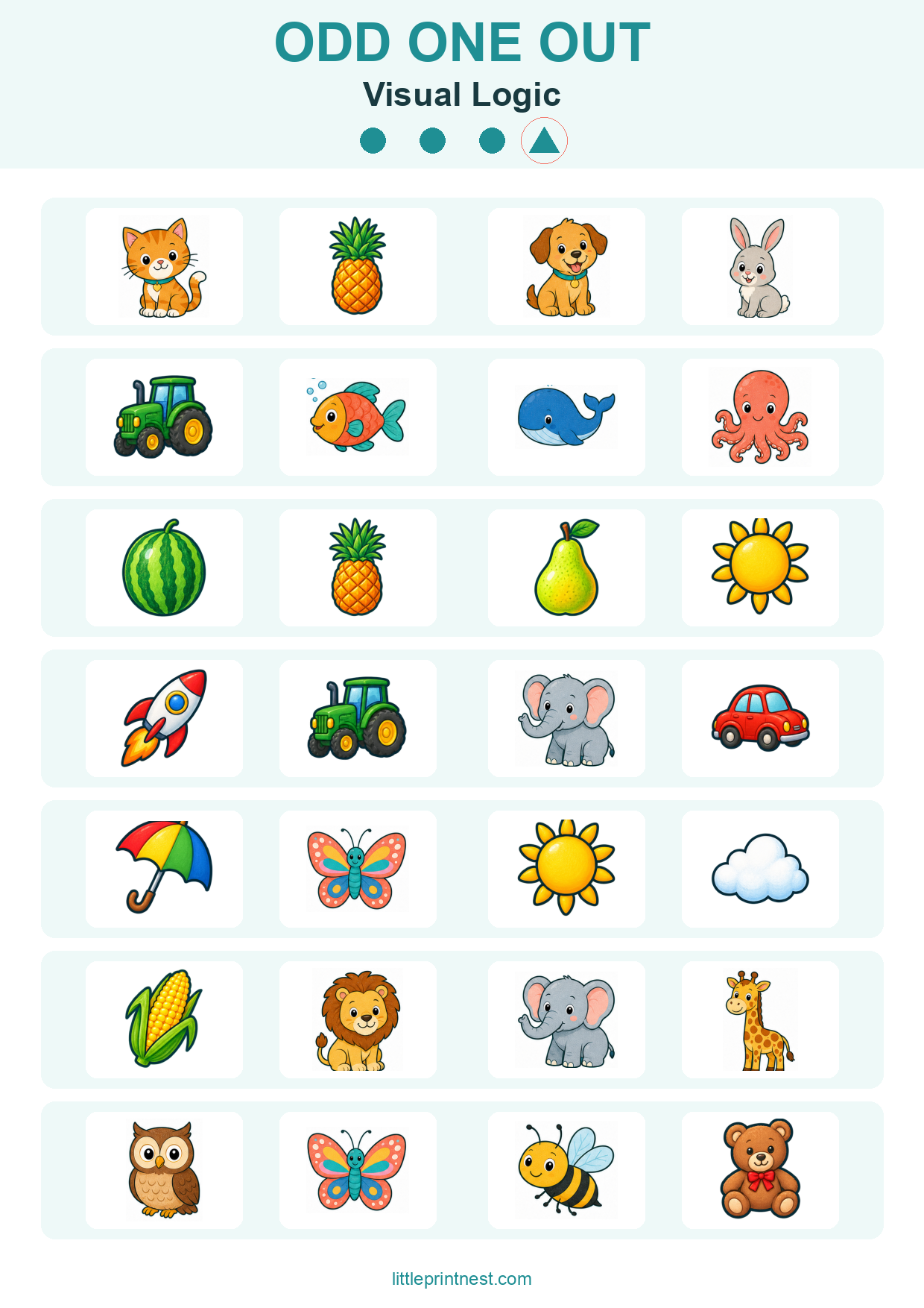 Colorful word-free Visual Logic odd one out picture worksheet