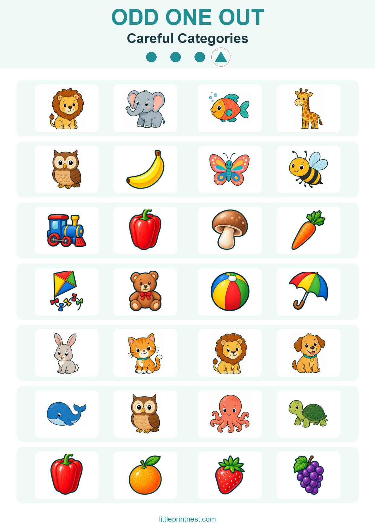 Colorful word-free Careful Categories odd one out picture worksheet