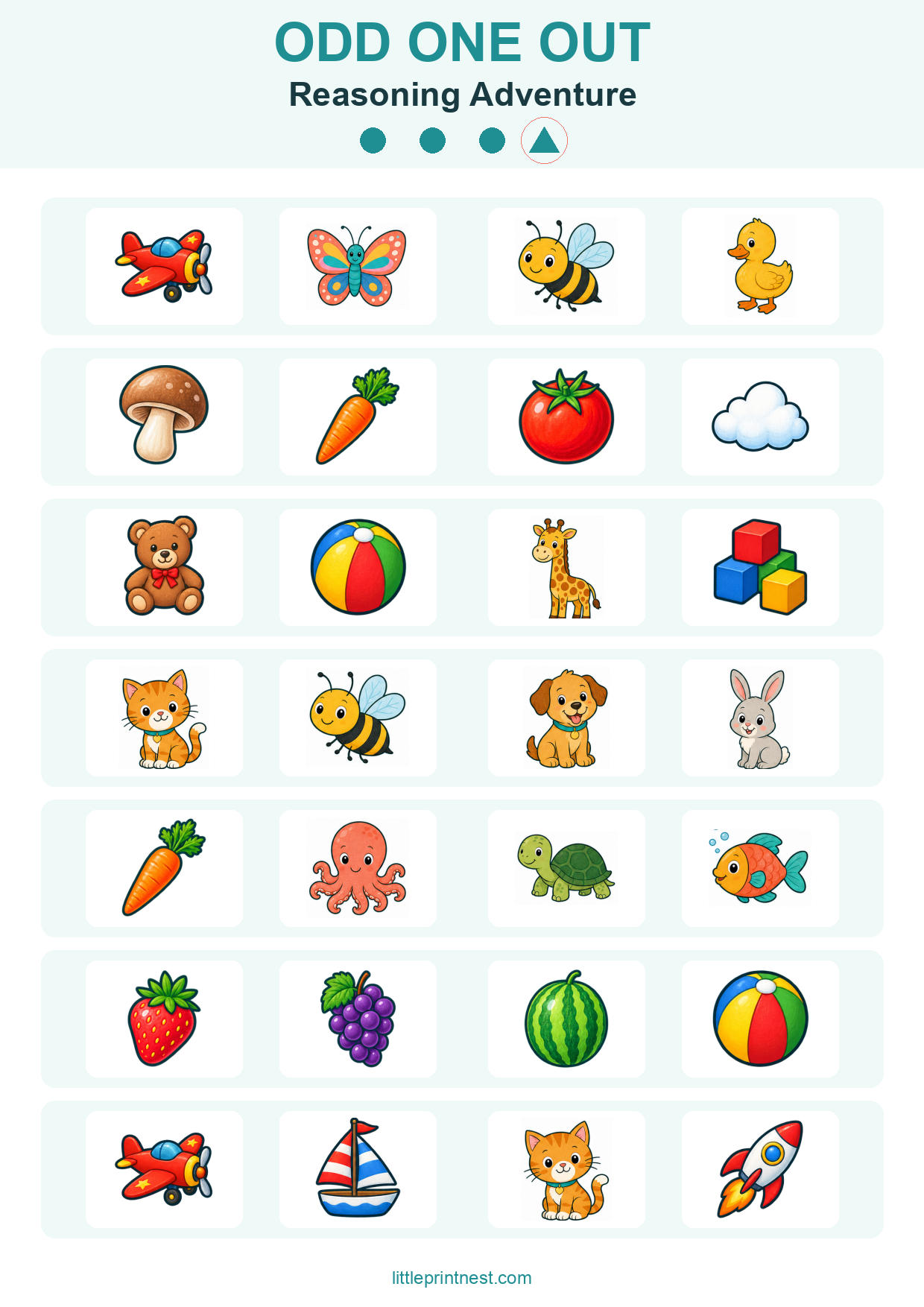 Colorful word-free Reasoning Adventure odd one out picture worksheet