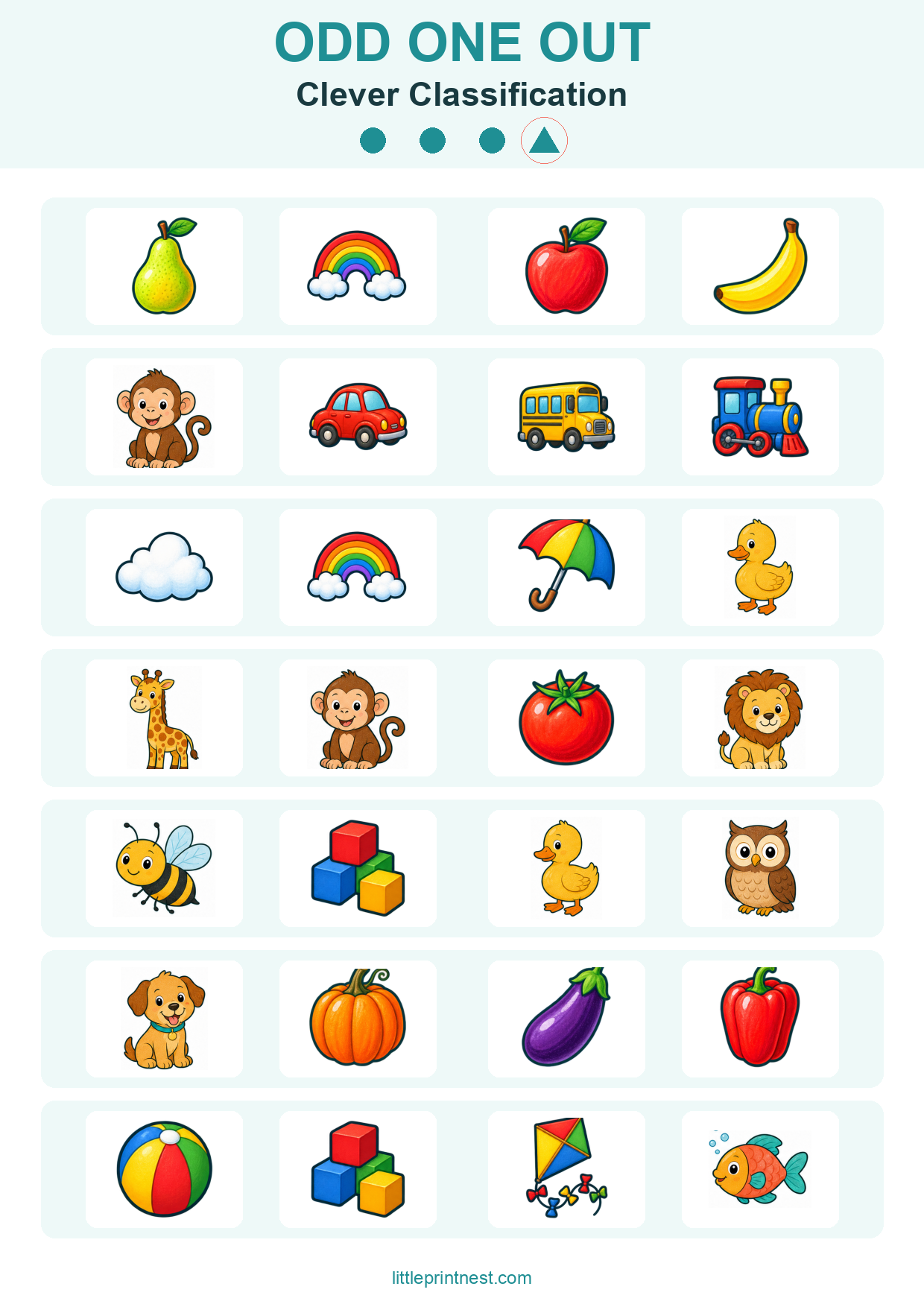 Colorful word-free Clever Classification odd one out picture worksheet